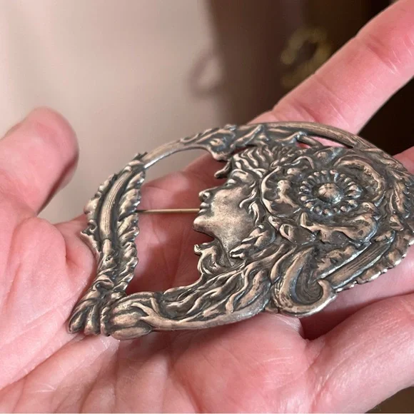 Antique Art Nouveau Art Deco Silver Lady Face Victorian Brooch Fairycore - Picture 11 of 15